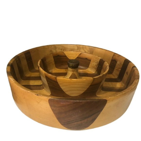 Vintage Wooden Double Bowl Chip and Dip Snack Bowl - Picture 2 of 5